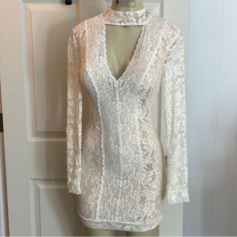 BEBE Cream Floral Lace Choker Mock Neck Mini Dress - Picture 8 of 12